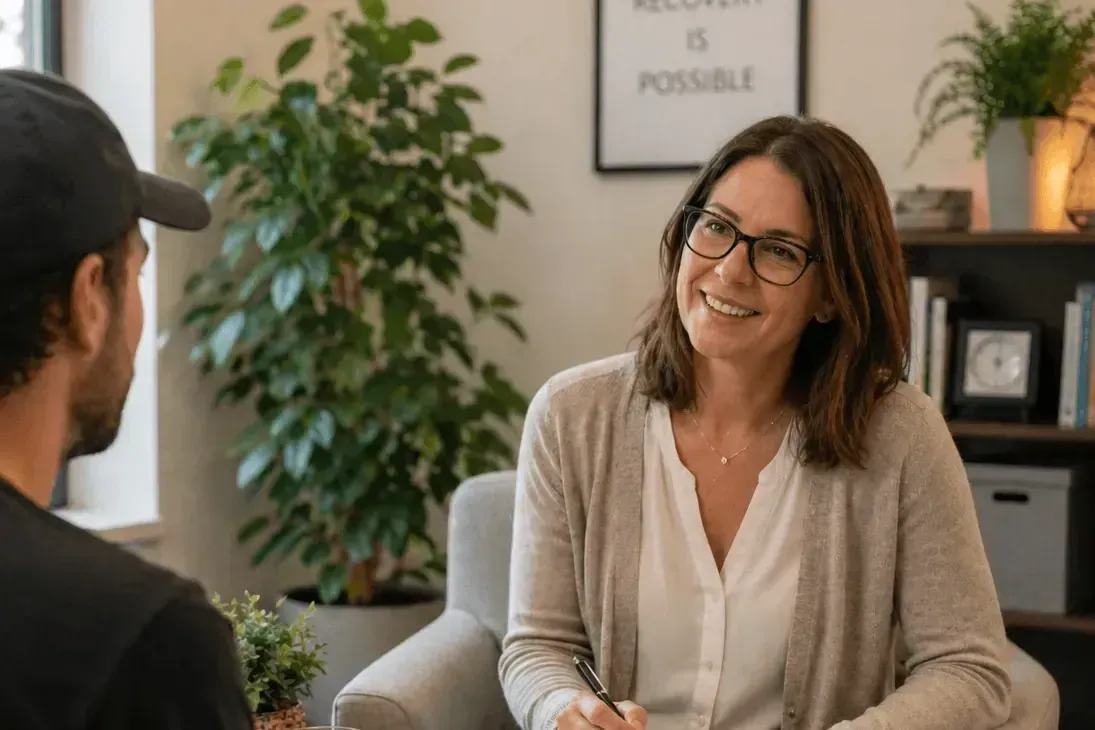 Therapist in conversation with a client, a poster reading Recovery is possible on the wall behind